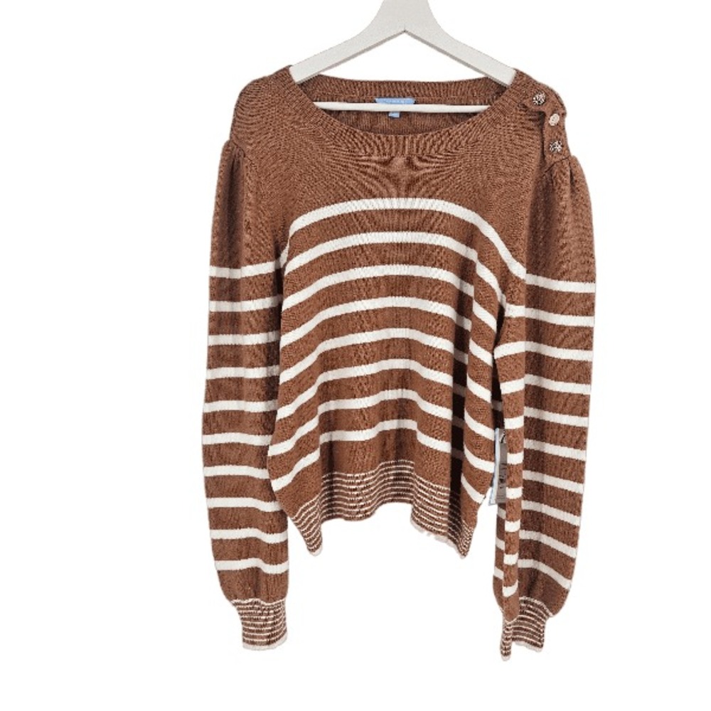 Draper James Sweater Brown White Button Shoulder Puff Sleeve Crewneck NWT Sz XXL